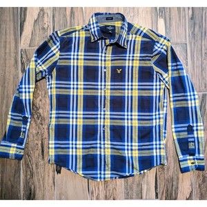 American Eagle Men's Yellow & Blue Plaid Long Sleeve Button Down Shirt Medium